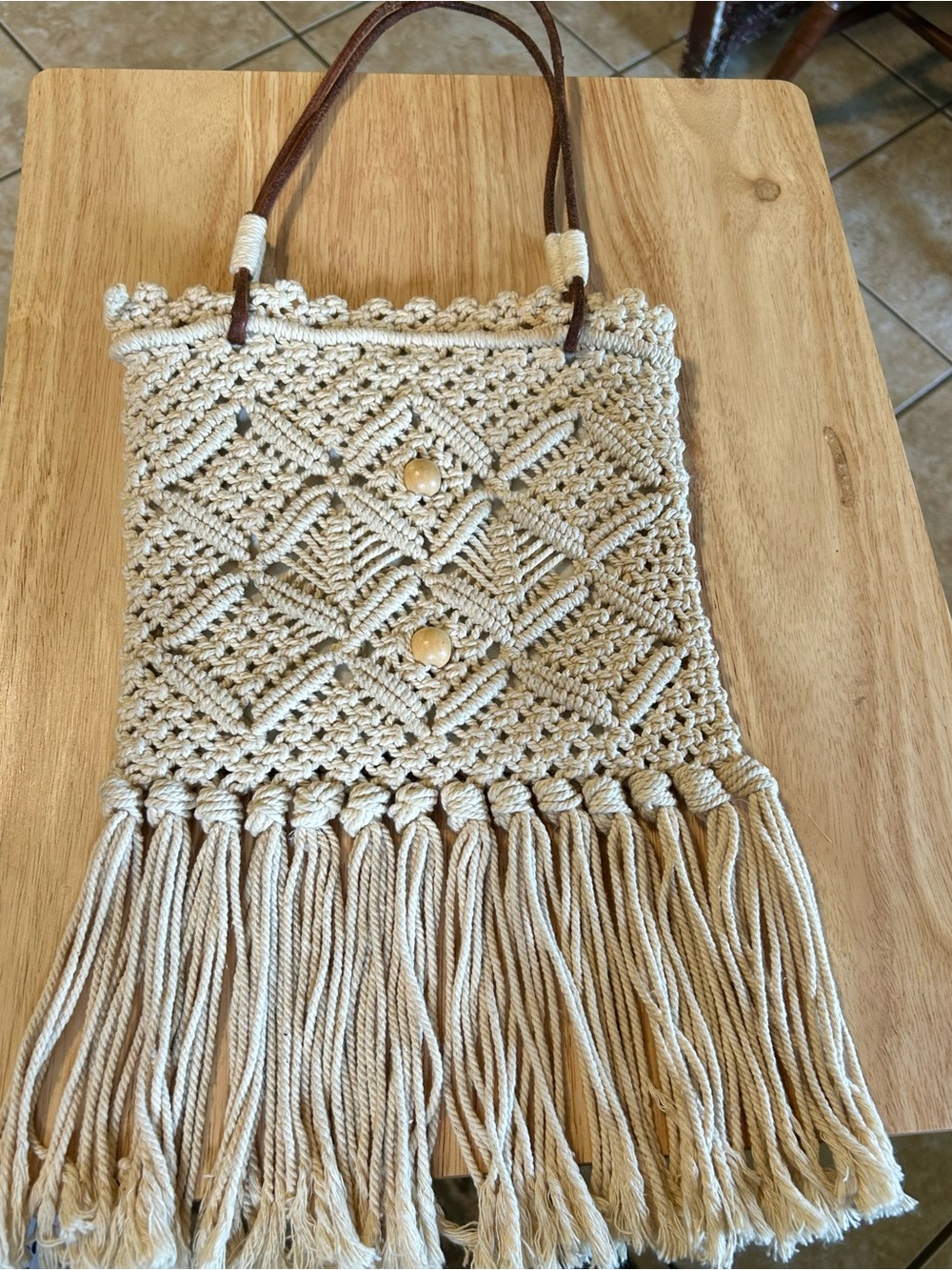 Vintage 70s Boho Macrame Fringe Shoulder Bag Cream